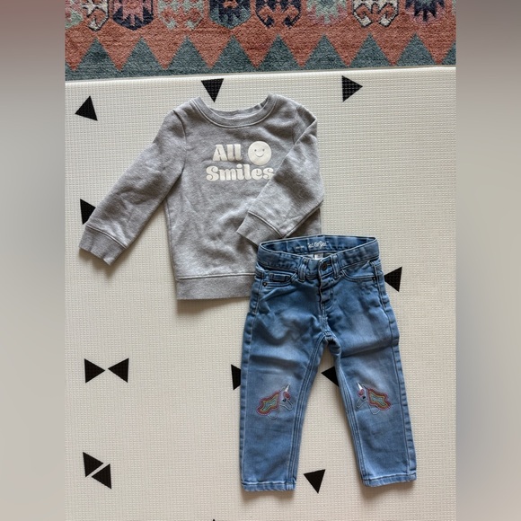 Cat & Jack|Baby girl,toddler outfit-Blue Jeans unicorn knee & Gray Sweatshirt••• - Picture 1 of 7